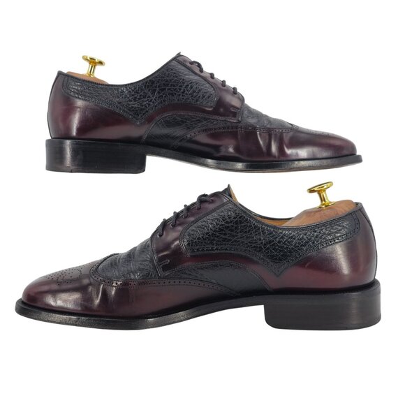 Vintage Magnanni Spain Men 10 Burgundy Black Leather Dress Shoes Wingtip Oxfords - Picture 6 of 11